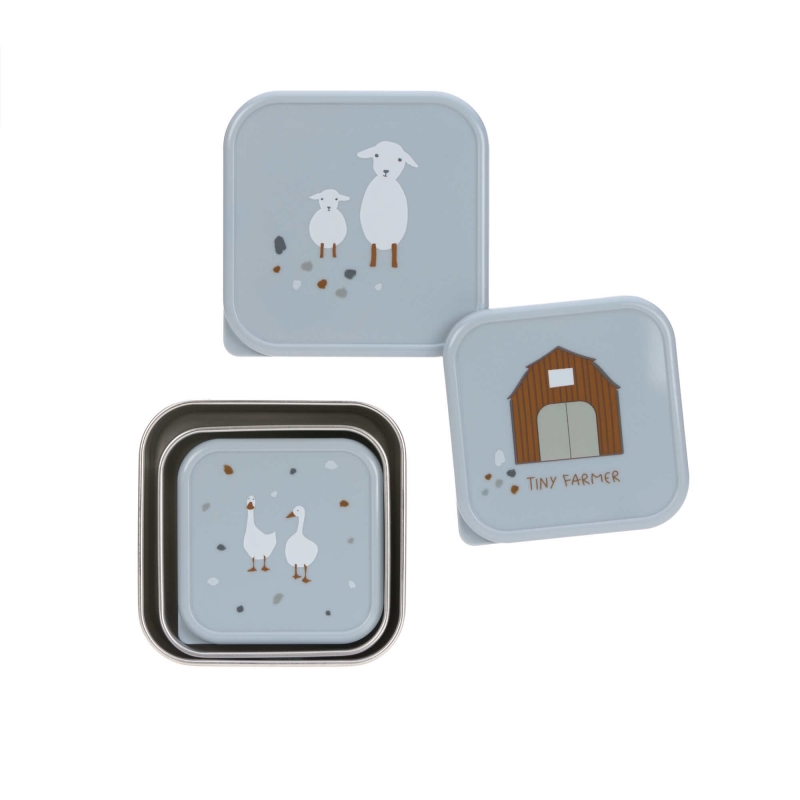 Snackbox Kinder (3er Set) - Edelstahl Brotdose, Tiny Farmer Blau